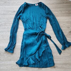 Heart & Heels Turquoise Faux Wrap Dress Womens Small Long Sleeves Ruffle  Party